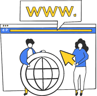 A boy and a girl are standing with the symbol of the world wide web