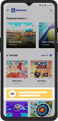 Gamezop mobile screen with ad space showing how ads in games will look like.