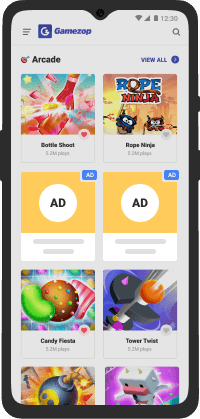 Gamezop Mobile screen with ad space suitable for native ads
