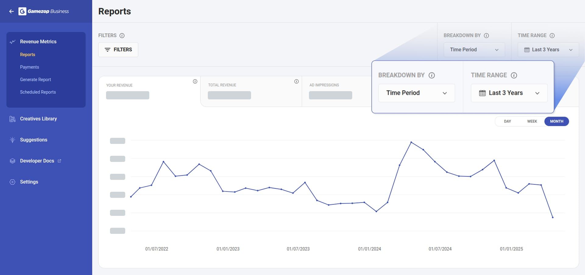 Reporting section on the Gamezop Business dashboard